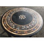 A LARGE CIRCULAR SLATE & MARBLE SPECIMEN TOP CENTRE TABLE with floral design raised on turned legs