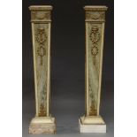 A PAIR OF 19TH CENTURY NEOCLASSICAL GILTWOOD AND GESSO FAUX MARBLE PAINTED PEDESTALS OF TAPERING