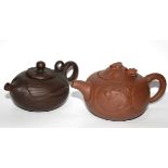 TWO CHINESE YIXING WARE TERRACOTTA POTTERY MINIATURE TEAPOTS One with a dragons head protruding from