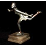 LORENZL, AN EARLY 20TH CENTURY PAINTED SPELTER STATUE OF AN ICE SKATER On an alabaster base. (22cm)