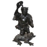 A 18TH CENTURY CHINESE BRONZE FIGURE OF 'LIUHAI' Holding a cache. (h 22cm)