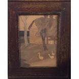 A PAIR OF STYLISH ART DECO PEEIOD SPECIMEN WOOD PICTURES Farmhouses, planished gilt framed and