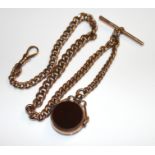 A VICTORIAN 9CT GOLD GENT'S ALBERT CHAIN Tapering links set with a bloodstone and agate swivel fob