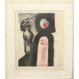 A 20TH CENTURY LIMITED EDITION COLOURED ETCHING Abstract figural study, signed lower right 'R Hull