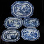 FIVE QIALONG PERIOD BLUE AND WHITE MEAT DISHES OF VARIOUS PROPORTIONS Decorated with willow