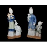 A PAIR OF KANGXI BLUE AND WHITE FIGURES OF LADIES' One graceful figure carrying a baby and