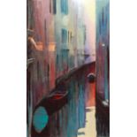 ROBIN PICKERING, A LARGE OIL ON BOARD Landscape, Venetian scene, boats in a narrow canal, held in