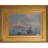 OIL ON PANEL Marine scene, sailboats in the Bay of Naples with Vesuvius in background, contained