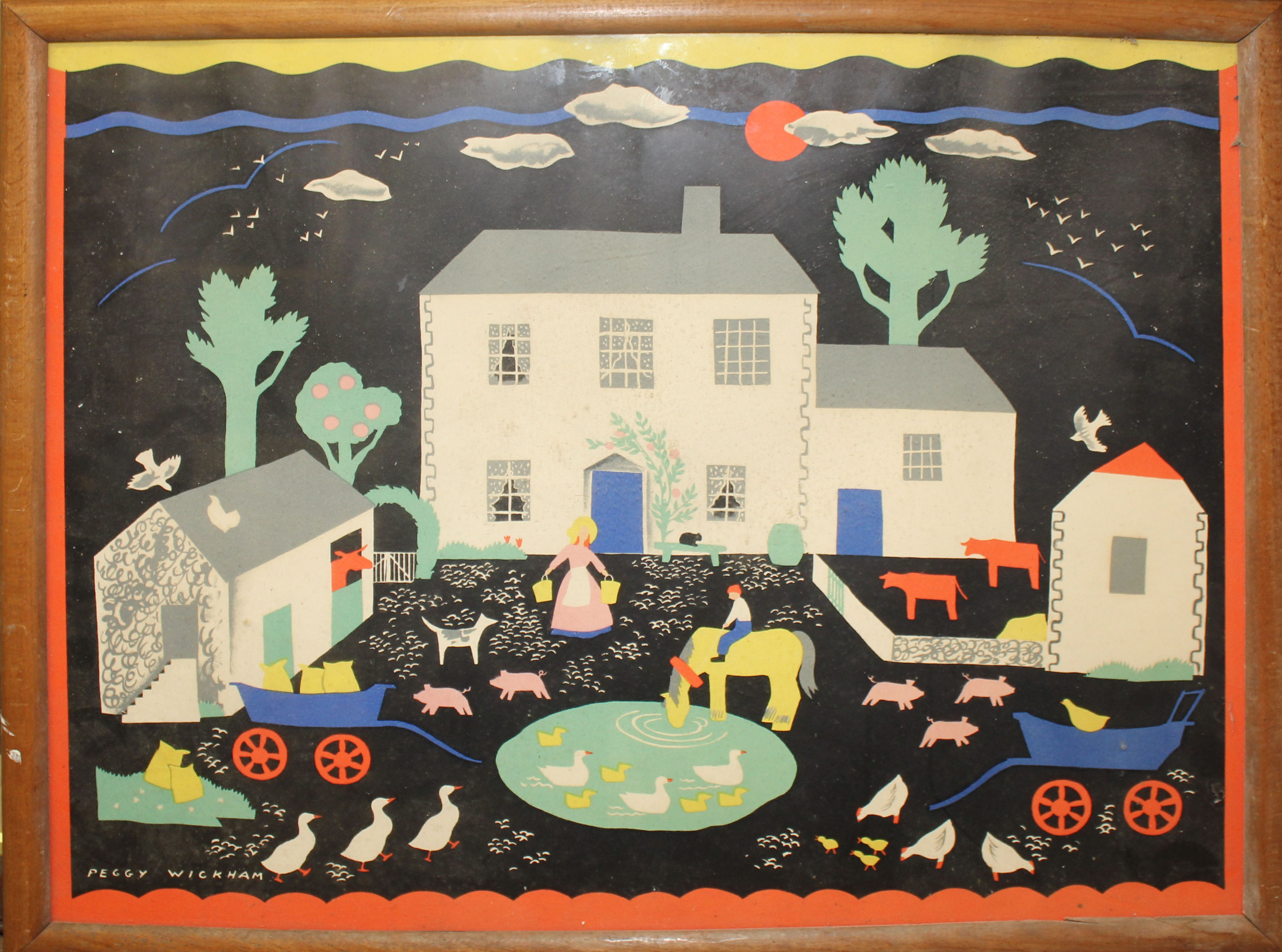 PEGGY WICKHAM, A VINTAGE COLOURED PRINT Landscape, a stylized farmyard, bearing lable to reverse '