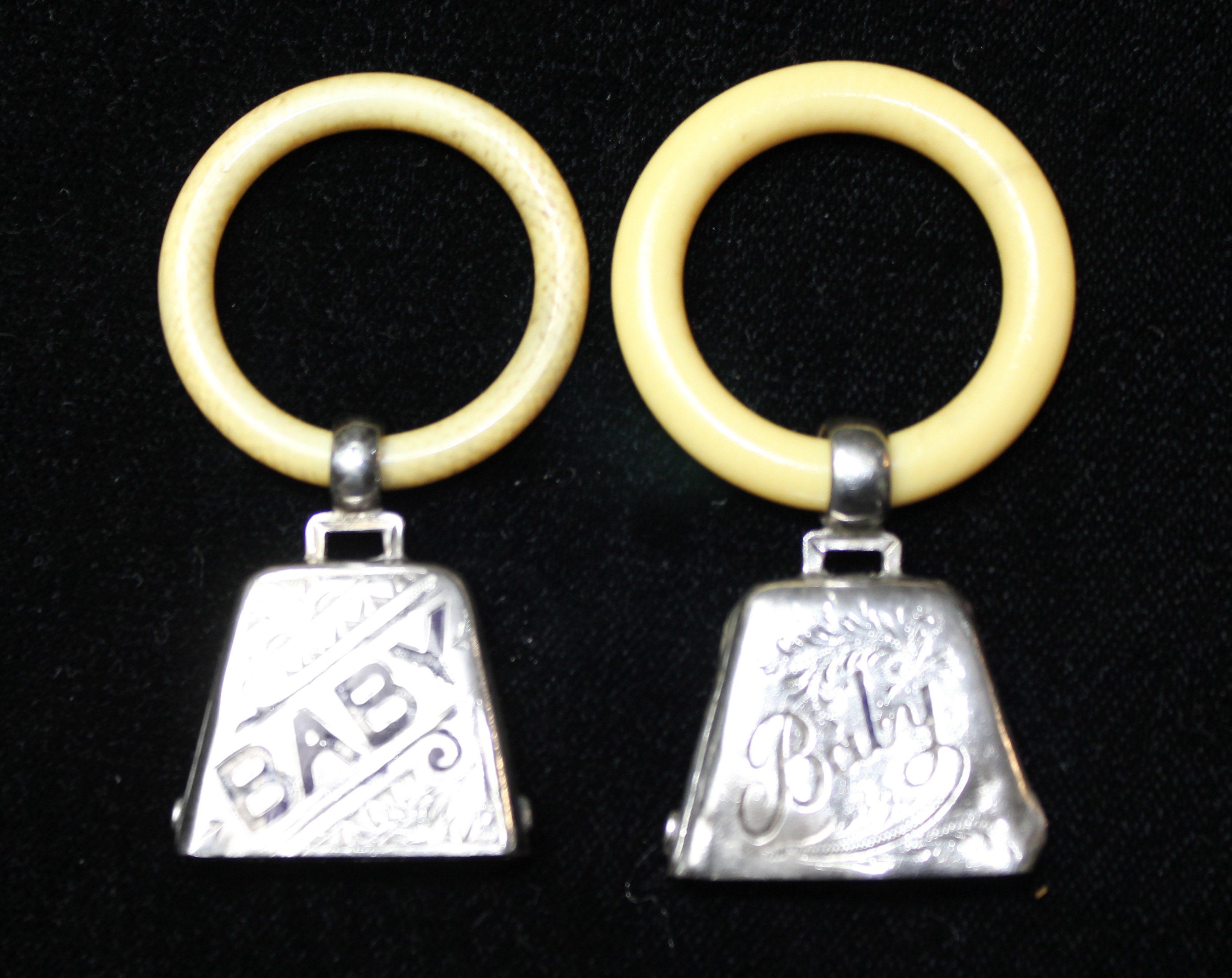 TWO EDWARDIAN SILVER AND IVORY CHILD'S BELL FORM RATTLES/TEETHING RINGS Engraved declaration, - Image 2 of 2