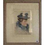 AMY SCOTT, 1860 - 1950, WATERCOLOUR Portrait of an Edwardian lady wearing a blue hat and scarf,