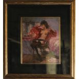 AN OIL PORTRAIT OF A SEMI-CLAD NUDE Boudoir scene, woman wearing a red silk dressing gown, framed