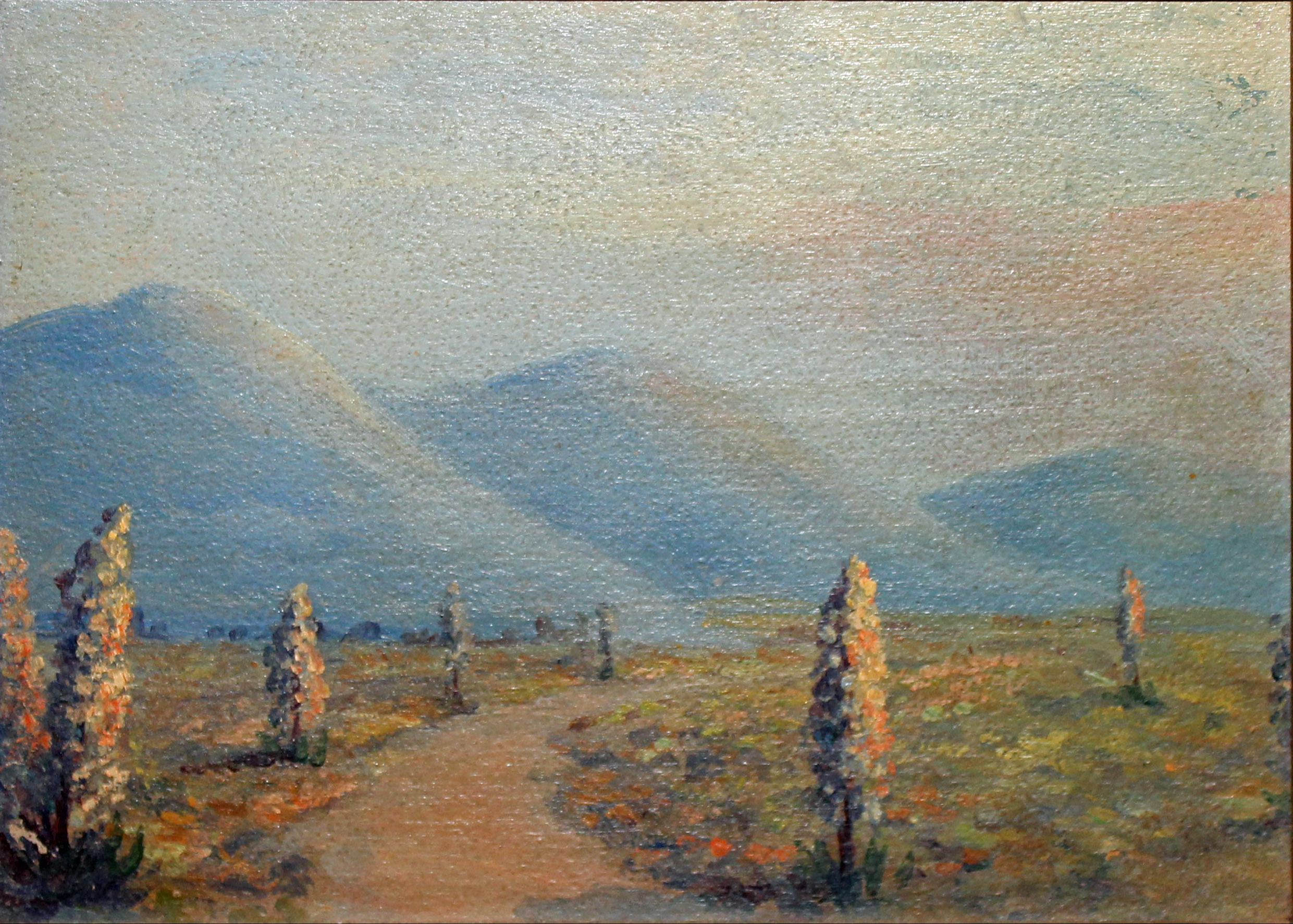 AN EARLY 20TH CENTURY AMERICAN IMPRESSIONIST STYLE OIL ON BOARD Landscape, mountain view with