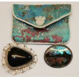 TWO VINTAGE CONTINENTAL SILVER OVAL BROOCHES With butterfly wing decoration marked 'Brazil',