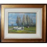 OIL ON CANVAS LAID TO BOARD Rural landscape, cattle resting in a meadow, framed and glazed. (28cm