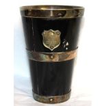 A VICTORIAN EBONISED WOOD AND SILVER PLATED PRESENTATION BEAKER Having a shield cartouche