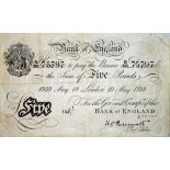 A VINTAGE BANK OF ENGLAND WHITE FIVE POUND NOTE Printed on one side, dated 19th May 1939, numbered
