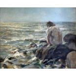AN EARLY 20TH CENTURY OIL ON CANVAS Seascape, a forlorn gent seated coastal rocks, indistinctly