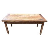 AN EARLY 20TH CENTURY FRENCH OAK AND ELM DRAW LEAF FARM HOUSE TABLE With single drawer, raised on