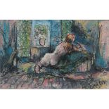 MICHAEL D'AGUILER, A 20TH CENTURY PASTEL SKETCH Portrait of a reclining nude seated near a window,