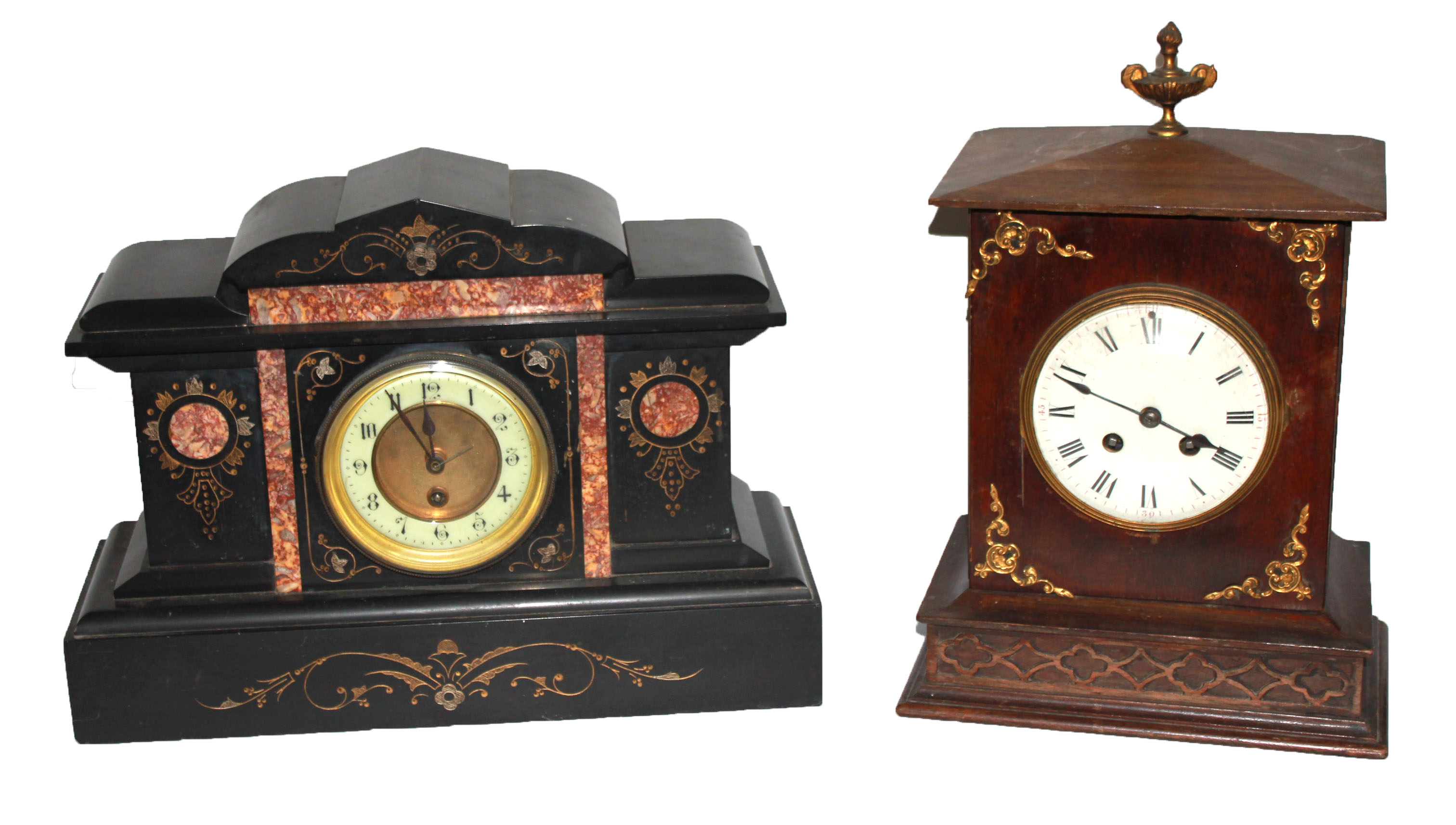 TWO 19TH CENTURY MANTEL CLOCKS To include a Belgian slate architectural style clock, with rouge