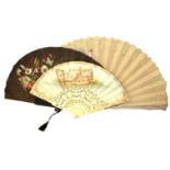 AN 18TH CENTURY FRENCH BONE HANDLED FAN Hand painted with a scene of classical style maidens in a