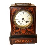 A 19TH CENTURY FRENCH INLAID RECTANGULAR BRACKET CLOCK Having a brass carry handle, inlaid floral