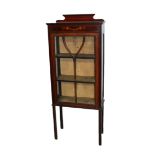 AN EDWARDIAN MAHOGANY AND FLORAL MARQUETRY INLAID DISPLAY CABINET With a single door, raised on