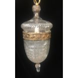 A 19TH CENTURY HOBNAIL CUT GLASS LANTERN Formed as an acorn with gilt metal banding. (43cm)