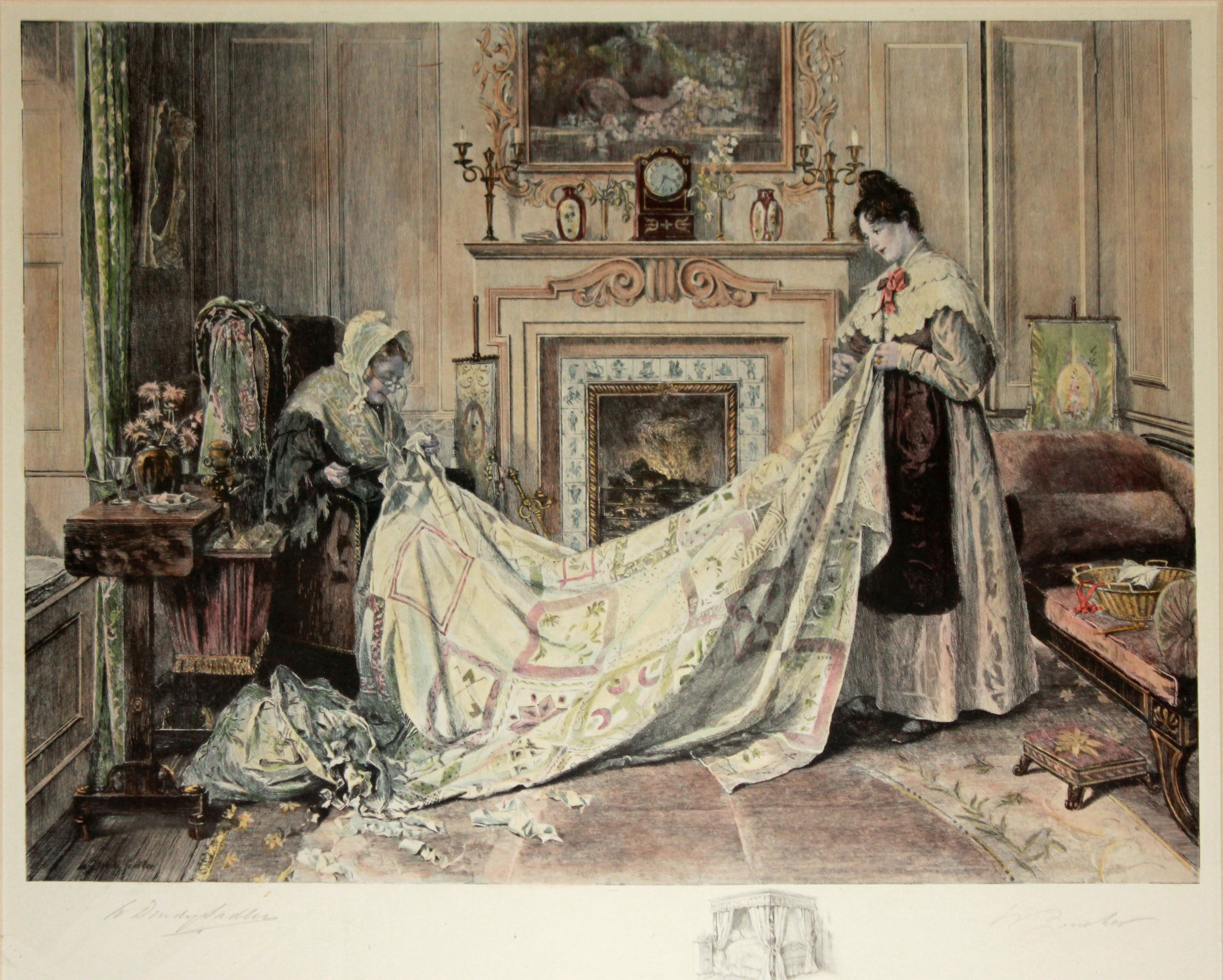 WALTER DENDY SADLER, 1954 - 1923, A HAND COLOURED PRINT Interior scene, two ladies sewing a