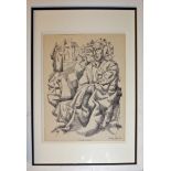 DONALD BALL, A MID 20TH CENTURY PEN AND INK DRAWING, 'FIGURE IN ROBES' Depicting a seated male