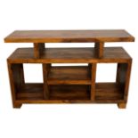 A MODERN HUANGHUAIL TYPE HARDWOOD FREESTANDING WHATNOT Having an arrangement of shelves, raised on