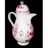 MEISSEN, AN 18TH CENTURY PORCELAIN BALUSTER COFFEE POT Having a flower finial and hand painted