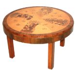 A 20TH CENTURY SPECIMEN MARQUETRY INLAID CIRCULAR FOLDING TABLE Satinwood top inlaid with four