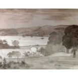 A 19TH CENTURY IRISH SEPIA WATERCOLOUR Landscape, coastal view, boats in a harbour, inscribed to