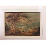 IN THE MANNER OF WILLIAM PAYNE, 1760 -1830, WATERCOLOUR Landscape, figures and cattle on a hill,