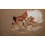 ABRAHAM HULK JNR, 1851 - 1922, A PAIR OF WATERCOLOURS Groups of hens and cockerels, signed in pencil