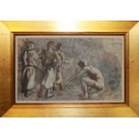 IN THE MANNER OF HENRY MOORE, A 20TH CENTURY OIL ON BOARD Study of uniformed men and a nude