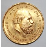 A VINTAGE 22CT GOLD DUTCH 10 GILDER COIN, DATED 1875 Bearing a portrait of Koenig Willen de Derde,
