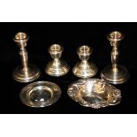 W.I. BROADWAY & CO., TWO PAIRS OF 1970'S SILVER CANDLESTICKS To include a pair of dwarf