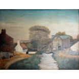 A LARGE LATE 19TH CENTURY OIL ON CANVAS A provincial country scene, figures and cottages by a river,