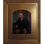 OIL ON BOARD Portrait of a seated gentlemen in black attire, mounted, framed and glazed. (w 60cm x h