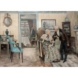 W. DENDY SADLER, A 19TH CENTURY HAND COLOURED ENGRAVING Interior scene, a seated elderly lady,