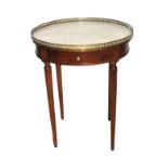 AN EARLY 20TH CENTURY FRENCH MAHOGANY BOUILLOTTE TABLE Having a circular marble top with pierced