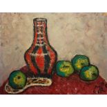 MICHAEL ALBURY, TWO 20TH CENTURY OIL ON CANVAS Still life, bowl of fruit with jug and 'Brambley