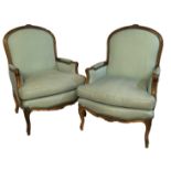 A PAIR OF 20TH CENTURY FRENCH LOUIS XV STYLE CARVED WOOD AND UPHOLSTERED FAUTTEUIL ARMCHAIRS