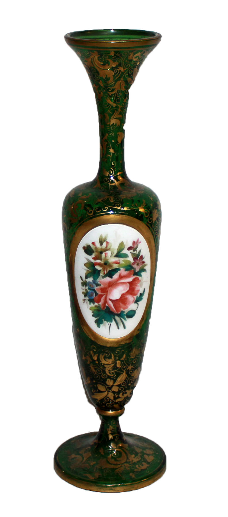 A 19TH CENTURY GREEN BOHEMIAN GLASS CAMEO VASE Slender form with flared rim and floral white glass