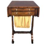 A 19TH CENTURY MAHOGANY WORK/SIDE TABLE With drop leaves above real and false drawers and fabric