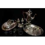 A COLLECTION OF VINTAGE SILVER PLATER WARE To include a three piece tea set with fluted design, a