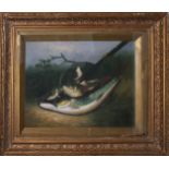 OIL ON CANVAS A fishermans catch on the bank, gilt framed and glazed. (29cm x 38cm) (frame 50cm x